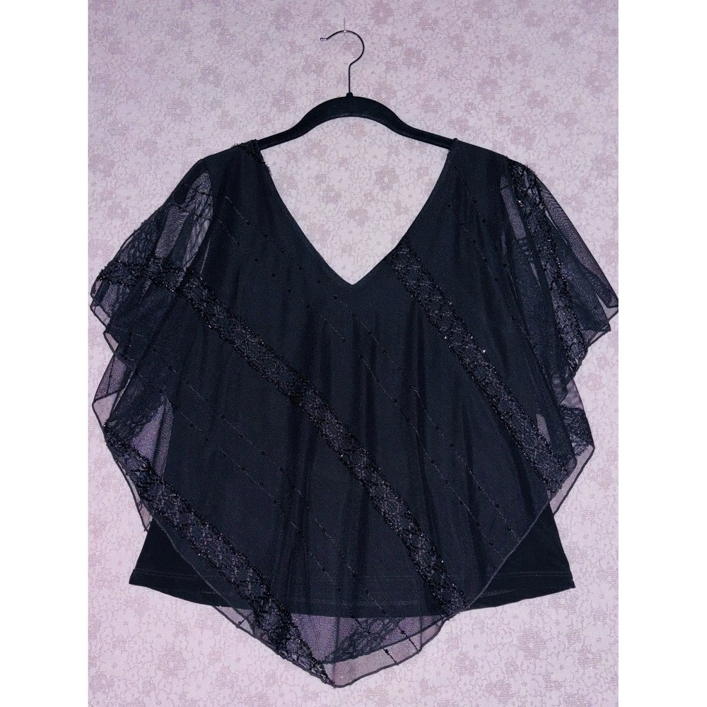 Studio 1940 Black Sequin Lace Mesh Layered V-Neck Poncho Top Large 056C-07